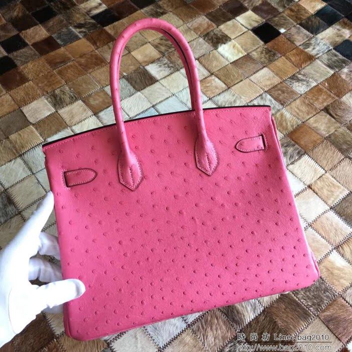 HERMES愛馬仕 鉑金包 Birkin 30 南非原產KK級鴕鳥皮 頂級工藝 櫻花粉 手縫蠟線 手提包  Ama1241